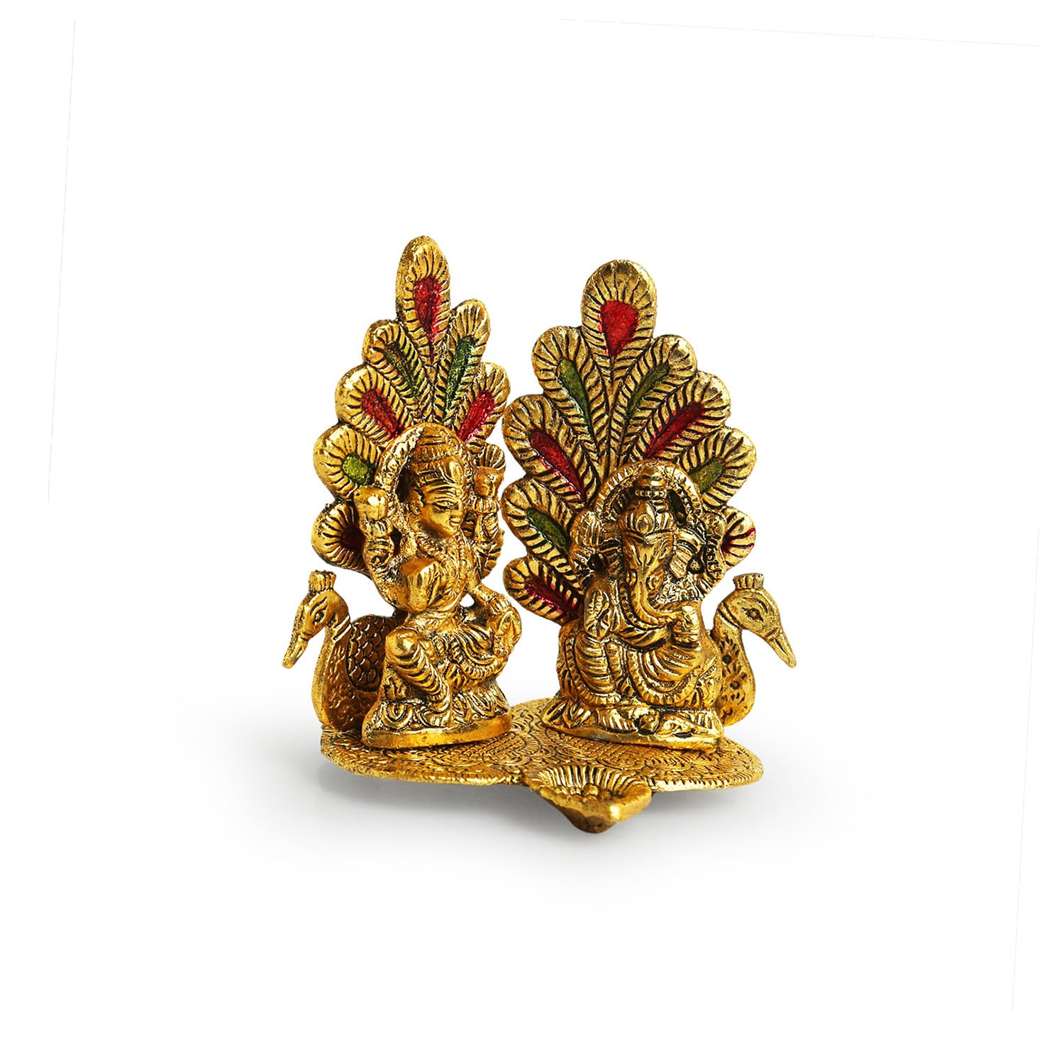 Exclusivelane Laxmi Ganesh & Peacock Idol Showpiece Figurine With Diya (5.7 Inch, Golden, Metal)|Handcrafted Ganesha Idol With